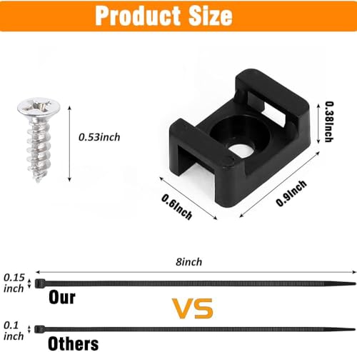 Cable Zip Tie Mounts Kit-100 Pcs Cable Zip Tie Saddle Type Mounts Base with 100 Pcs 8" Cable Ties and 100 Pcs Tapping Screw, Wire Cable Clips Organizer Holders Clamps - size: H2-100PCS
