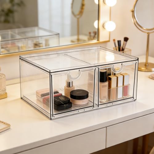 Prsildan Stackable Clear Makeup Organizer Acrylic Storage Drawers with 2 Drawers for Vanity Bathroom Office Desk Modular Drawer System for Cosmetics Jewelry Toiletries Home Organization - style: Style2-2Drawers