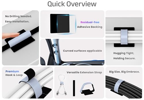 Under Desk Cord Management Straps, Adhesive-Backed Heavy-Duty Reusable Mounting Straps, Cable Management, Self Adhesive Hook and Loop Strap Set, for Large Cord Bundles, Power Strips & Devices