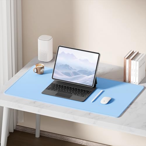 Hsurbtra Desk Pad, 32" x 16" Premium-Textured Desk Mat, Stitched Edge Anti-Slip Waterproof Rubber Mouse Pad, L Extended Computer Mat for Office Gaming Laptop Keyboard Sky Blue