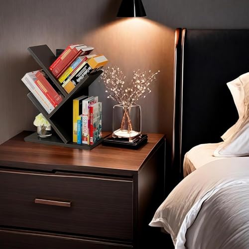 Godferyxin Tree Bookshelf, 3-Tier Wood Small Bookshelf and Mini Bookcase for Office, Home or School Desk Book Shelf for for Displaying Books, CDs, Magazines Wood Storage Rack - color: 3-tier-black Coffee