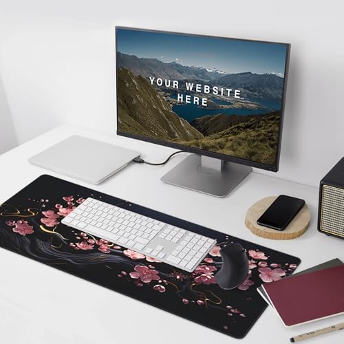 Extra Large Mouse Pad, Cherry Blossom Design, Non-Slip Rubber Base, Stitched Edges, 35.4 x 15.7 Inches, for Gaming and Office - color: plum blossoms