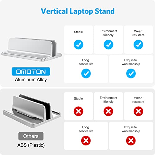 OMOTON Vertical Laptop Stand Holder, Desktop Aluminum Stand for MacBook with Adjustable Dock Size, Fits All MacBook, Surface, Chromebook and Gaming Laptops (Up to 17.3 inches), Silver - color: Silver