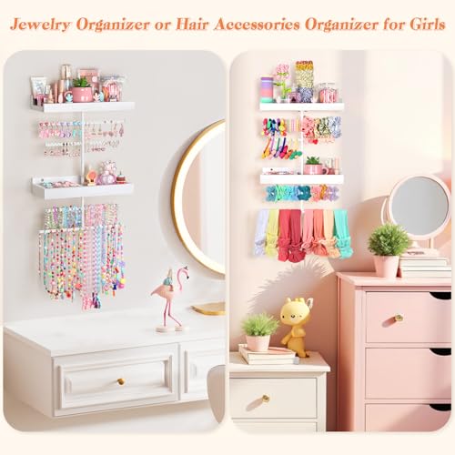 Keebofly Wall Mounted Jewelry Organizer with 2 Tired Shelves & Ring Holder- Jewelry Holder Wall Storage Display for Earrings, Necklace, Bracelet, Hair Accessories for girls in Bathroom Bedroom, White - color: White with 2-Tiered Shelf and Ring Holder