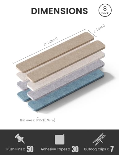 Fluxynara Cork Board Alternative Felt Strip Board 8-Pack 13"x2", Office Pin Board with 50 Push Pins, Adhesive Install for Bedroom Door & Home Office (Coastal) - color: Coastal, size: 8-pack