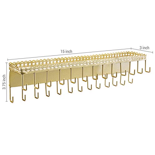 MyGift 15 Inch Wall Mounted Gold Tone Metal Jewelry Organizer & Display Shelf with Vintage Lace Design, Hanging Perfume Storage and 26 Hook Necklace Hangers - color: Satin Gold
