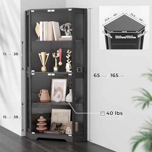 BROTTAR Corner Display Cabinet with Glass Doors, 65" Lighted Curio Cabinet with 3 Color LED Lights for Collectibles, 4-Tier Showcase Display Case with Human Body Sensor for Toys, Books, Black - color: Black