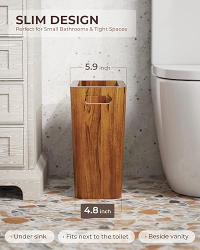 BLUEWEST 2.6 Gallon Acacia Wooden Bathroom Trash Can, Small Wastebasket with Handle, Decorative Wood Bin for Bedroom, Office or Under Counter Use