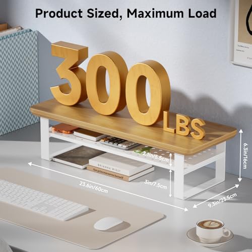 Monitor Stand Riser, 24 Inch Computer Monitor Stand for Desk, 2-Tier Wood Desk Shelf Organizer with Storage, Desktop Stand for Laptop/Screen/PC/Printer, Ergonomic Home Office Monitor Stand - color: Cherry Wood, size: 23.6in