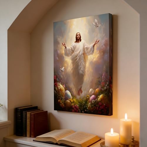 Canvas Wall Art Framed Jesus Christ Christian Religious Inspirational Floral Easter Halo Spiritual Peaceful Serene Faith Traditional Pastel Vibrant Wall Decor for Living Room Church 16x24 Inches - color: Jesus, size: 24"L x 16"W