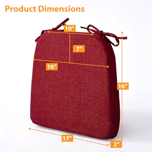 Ruqmuis Chair Cushions for Dining Chairs, 2" Thick Seat Cushions for Kitchen Chairs, D-Shaped Chair Pads with Washable Cover, Ties and Non Slip Backing, 17'' x 16'', Set of 4, Red - color: Red, size: 4 Count(Pack of 1)