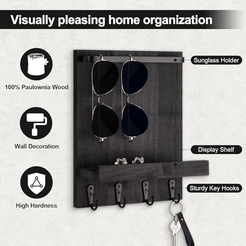 Key Holder Wall Mount, Key Holder for Wall with 4 Hooks, Farmhouse Key Hanger Holds Dog Leash, Sunglasses – Decorative Mail Organizer Home Decor (Black) - color: Black