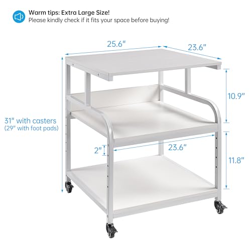 Fannova Printer Stand, 25.6" x 23.6" x 30.9" Extra Large Printer Table with Adjustable Storage Shelf, 3 Tier Rolling Printer Cart with Industrial Wheels for Home Office, White - color: White, size: 25.6"W x 23.6"D x 30.9"H
