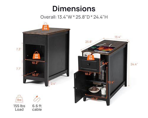 Farmhouse End Table with Charging Station, USB-C, Narrow Side Table with Storage Cabinet and Deep Drawer, Small Nightstand with Hidden USB Ports and Outlets for Living Room, Bedroom, Office,Black - color: Black, size: 24" Leg
