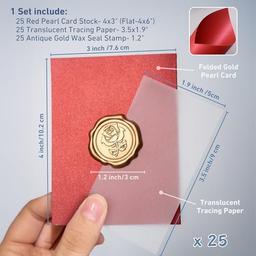 25 Pack Name Cards for Table Setting, Place Cards with Antique Gold Rose Wax Seal Sticker for Wedding, Table Tent Card Stock Handmade Decor for Party, Dinner, Home (Pearlized Wine Red) - color: Pearlized Wine Red