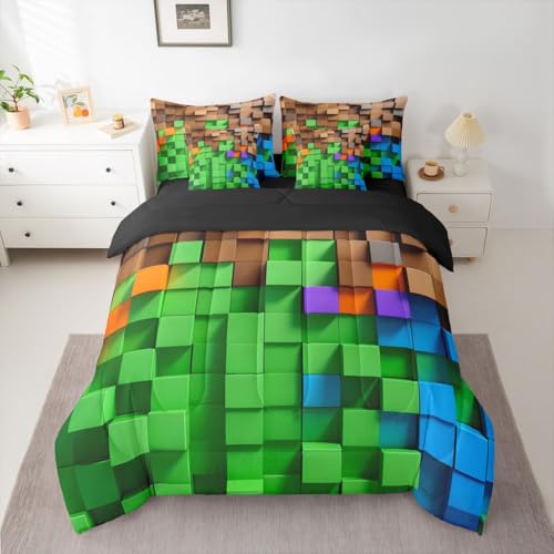 jejeloiu Pixelated Green Brown Blue 7 Piece Bedding Set Twin Size,Geometric Check Video Games Bed in a Bag for Boys Girls,Gamepad Grid Comforter Set with Sheets,Pillowcases & Cushion Cover Room Decor - color: Green Brown Blue, size: Twin