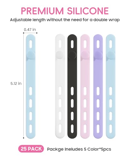 25Pack Silicone Cable Ties,Reusable Cord Organizer for Bundling Electrical Cords,Adjustable Data Cable Organizer Ties,High Elasticity Cable Straps for Home/Office/School/Travel(5 Colors) - color: Colorful