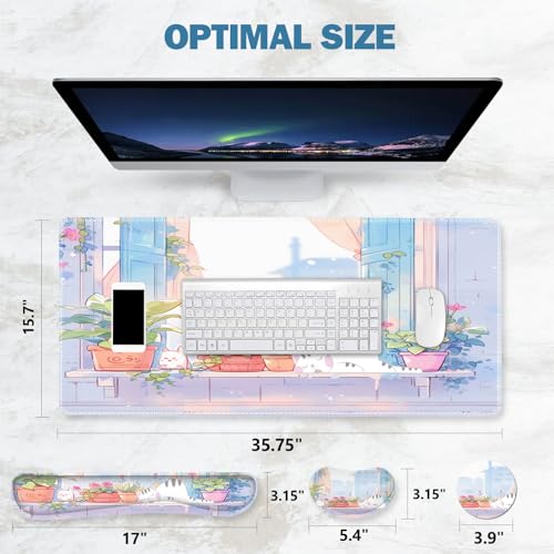 ToLuLu Extended Gaming Mouse Pad, Memory Foam Ergonomic Keyboard Mouse Wrist Rest Support Set, Large Desk Mat with Stitched Edges, Non-Slip Base Mousepad for Home Office and Game, Purple Cute Cat - color: Purple Cute Cat