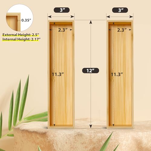 Kitchen Drawer Organizer Bins, Stackable Bamboo Deep Drawer Organizer for Silverware, Utensils, Cutlery, Flatware, Junk Drawer, Dresser, Bathroom, 12" x 3" x 2.5" (Set of 2) - color: Bamboo, size: 12 x 3 x 2.5 Inch