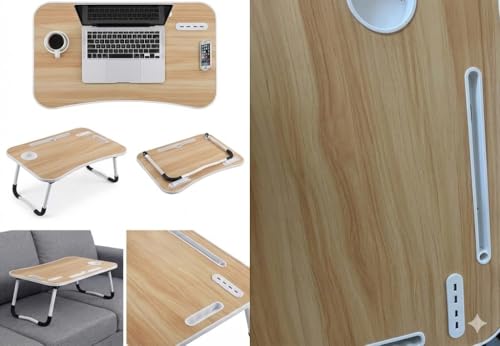 Portable Laptop Bed Table with Foldable Legs, Bamboo Wood Lap Desk with Cup Holder and Phone Slot, Non-Slip Feet for Work Study Breakfast Reading (Wood)