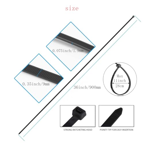 36 Inch Extra Long Zip Ties Heavy Duty For Outdoor Use,175 Pounds Tensile Strength,UV Resistant,12 Pieces,Black - color: Black