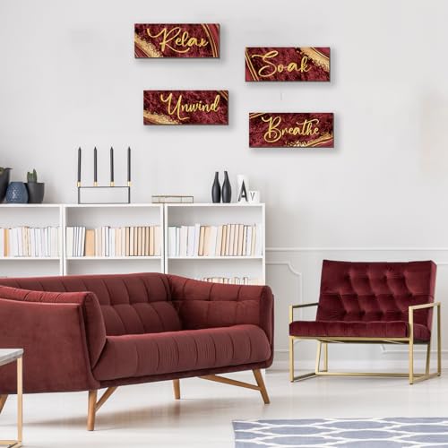 ONIZHITY 4 Pcs Red and Gold Bathroom Decor Red Gold Wall Decor Relax Soak Unwind Breathe Wooden Rustic Red Marble Style Bathroom Accessories for Bedroom Living Room Office Decor (10X4) - color: Red Gold, size: 10 X 4 Inch