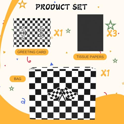 Black and White Checkered Road Party Gift Bags with Greeting Cards Tissue Papers Games Goodie Bags Gift Packaging Storage for Race Car Themed Birthday - color: Themed 6