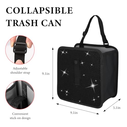 Car Foldable Trash Can, Bling Rhinestone Oxford Garbage Container Hanging Waterproof Organizer, Mini Crystal Dustbin Waste Basket Leakproof Trash Bin for Car Office Kitchen (Black) - color: Black