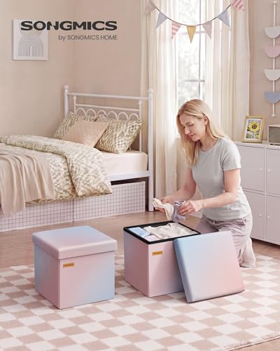 SONGMICS Folding Storage Ottoman Bench, Linen Fabric, Storage Chest, Foot Rest Stool, Holds up to 286.6 lb, 11.8 x 11.8 x 11.8 in, Bedroom Bench, Pink-Blue Ombre, Minota Collection ULSF028X101 - color: Pink-blue Ombre, size: 11.8"D x 11.8"W x 11.8"H
