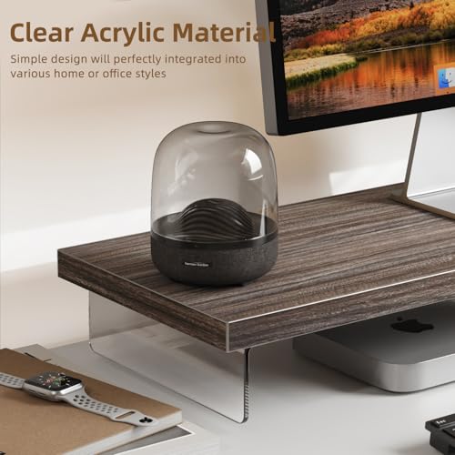 Monitor Stand Riser, Wood & Acrylic Computer Monitor Stand Desk Desktop Organizer Table for Home, Office Workspace, Laptop Riser, Printer, PC & TV Screen Riser - color: Smoke Teak, size: 25*10 Inch