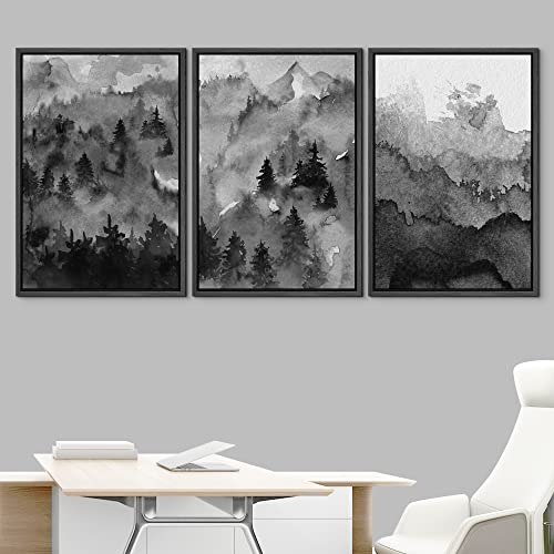 NWT Framed Canvas Print Wall Art Set Pastel Watercolor Dark Mountain Forest Nature Wilderness Illustrations Modern Art Decorative Landscape Rustic for Living Room, Bedroom, Office - 16"x24"x3 Black - color: A002-2206-yuk19, size: 16" x 24" x 3 Panels BLAC