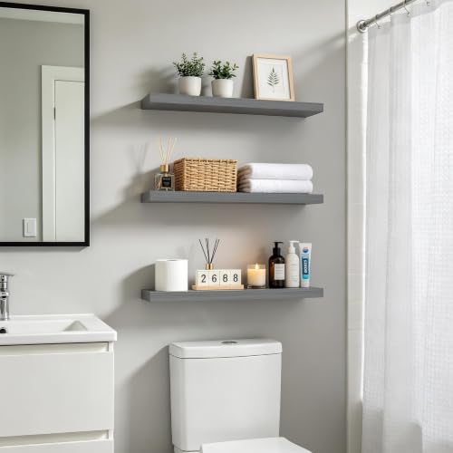 BAYKA Grey Floating Shelves for Wall, Set of 3, 22.5 inch Wall Mounted Shelf for Bedroom, Living Room, Kitchen – Wood with Hidden Metal Brackets, 22LBS Capacity – Storage for Books, Plants, Decor - color: F. Grey - Industrial Edge Style, size: 22.5inches