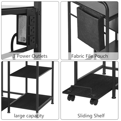 Sedegn Large Printer Stand with 3 AC Outlets for Home Office Devices | Heavy-Duty Printer Table for Laser Printer, Side Paper Storage Bag, 3-Tier Organizer for Shredder, PC Tower & Supplies, Black - color: Black
