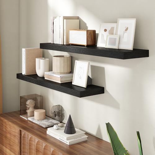 40 Inch Floating Shelves for Wall, 8 Inch Deep Floating Shelf for Storage & Display, Rustic Wall Mounted Shelf with Invisible Brackets for Living Room, Kitchen, Bathroom, Home Decor, Set of 2, Black - color: Black, size: 40 Inch, Set of 2