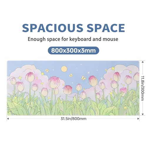 Kawaii Flower Mouse Pad Large Desk Mat Extended Keyboard Mouse Pad Cute XL Mousepad with Non-Slip Base and Stitched Edge Plant MouseMat Desk Pad 31.5 x 11.8 in Mouse Pads for Desk Home Office Gaming - color: Cute Flower