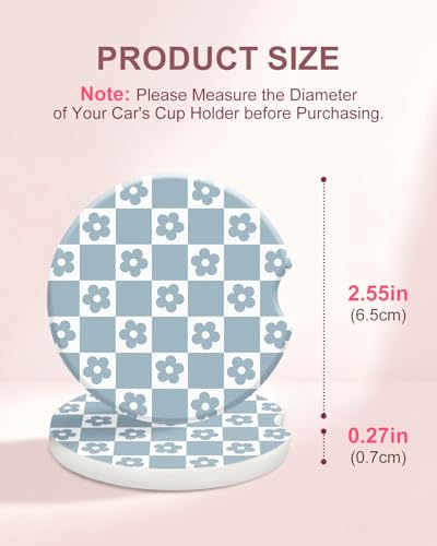 Swooflia Car Coasters for Women - Blue-White Checkered Ceramic Car Cupholder Coaster Absorbent Mat Coaster with Cork Base 2 Pack 2.55 inch Automotive Cup Holder Accessories New Driver Gifts for Decor - color: Blue White Checkered Flower