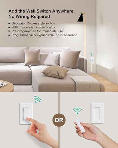 Remote Control Outlet, Decorator Rocker Wall Switch, 200FT Long Range Wireless Light Switch, Mini Remote Outlet Plug, 15A/1875W High-Power for Lamps, Lights, Household Appliances, ETL Listed - size: 1 Switch + 1 Outlet