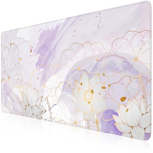 iCasso Desk Cover Mat, Extra Large Lotus Mouse Pad, Desk Pad Mat,Office Matt for Desktop Protector, Anti-Slip XXL Big Mousepad with Stitched Edges for Laptop Computer Keyboard(Purple Lotus Leaf) - color: Purple Lotus Leaf