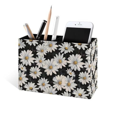 Famame White Daisies Seamless Leaves Pencil Holder for Desk, Leather Desktop Container Pen Cup Storage Study Table Pen Organizer Makeup Brush Holder for Classroom Office Home - color: White Daisies