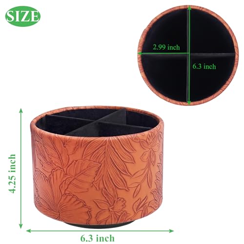 Round Leather Art Supply Organizer,Remote Control Holder,360 Degree Spinning,Multi-Functional Pencil Holder,4 Compartments Desktop Stationary Organizer(1-Carved Brown) - color: 1-Carved Brown
