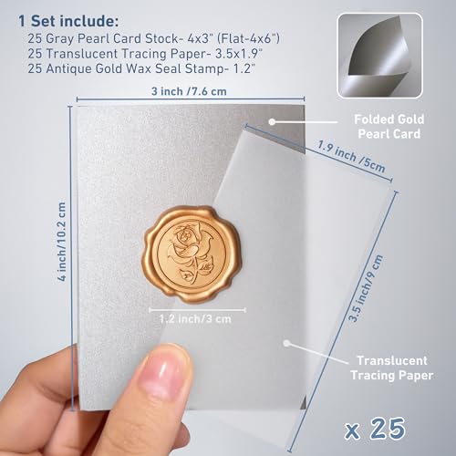 25 Pack Name Cards for Table Setting, Place Cards with Antique Gold Rose Wax Seal Sticker for Wedding, Table Tent Card Stock Handmade Decor for Party, Dinner, Home (Pearlized Silver Gray) - color: Pearlized Silver Gray