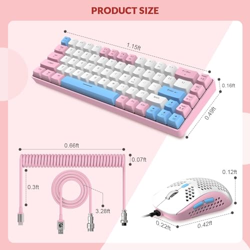 ZIYOU LANG RK-T8PR0 Wired 65% Mechanical Gaming Keyboard and Mouse Combo with RGB LED Backlit Anti-ghosting TKL Mini 68 Key Coiled C to A Cable Tactile Blue Switch for PS4 PS5 Xbox PC Mac Gamer(Pink) - color: Pink White Blue, size: 65% Keyboard + Mouse