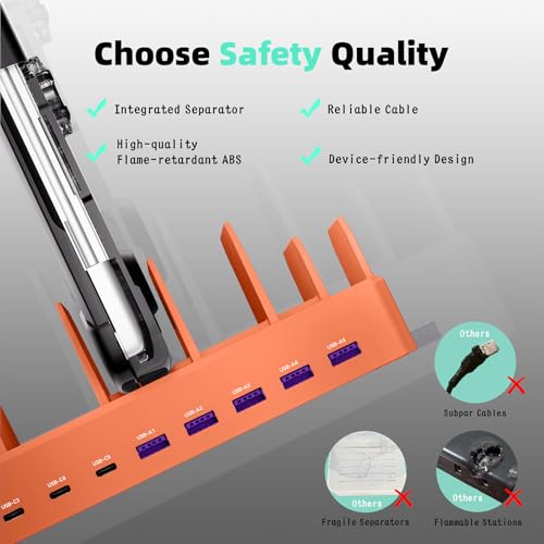 320W Charging Station for Multiple Devices, Zobirez 10-Port USB C Fast Charger Stations for MacBook, iPhone, Android Cell Phone, iPad, Tablet Family Multi-Device Organizer Charging Dock, Orange - color: Orange