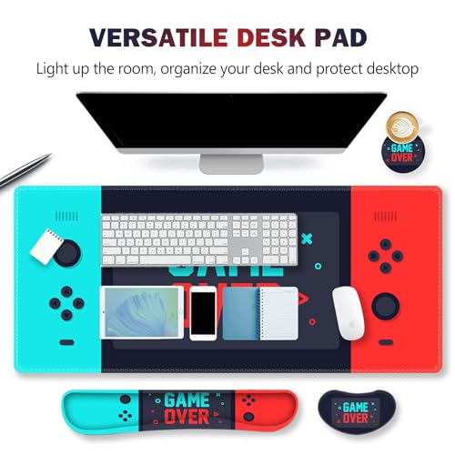 ARTSO Large Gaming Mouse Pad, Keyboard Wrist Rest Pad & Wrist Support Mousepad Set, Stitched Edge, Extended, Non-Slip Base, Memory Foam Desk Mat, Green Red Game Console - color: Green Red Game Console