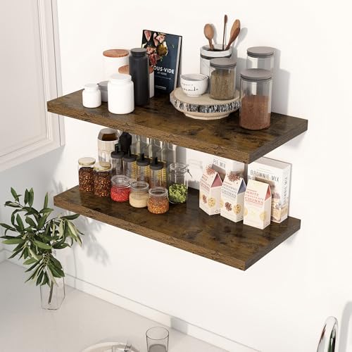 Dreamland 30" Floating Shelves for Wall, 12" Deep Slim Rustic Brown Floating Shelves, Wall-Mounted Shelves for Bedroom, Living Room, Kitchen, Bathroom - Set of 2 - color: Rustic Brown, size: 30"W x 12"D x 1.3"H, Set of 2