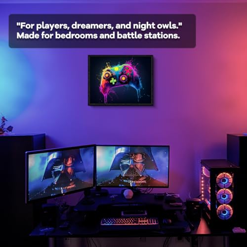 Gaming Controller Wall Art, neon paint splash, modern wall decor, laminated paper framed canvas print, gaming poster artwork, for game room gamer gift, 15x12 inch - color: Neon Drip Joystick