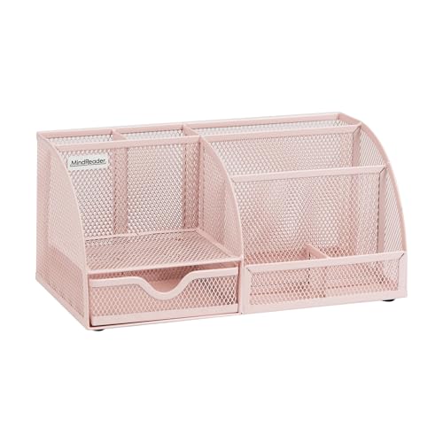 Mind Reader 7-Compartment Desktop Organizer, Metal Mesh Desk Organizer for Pens, Sticky Notes, Mail and Office Supplies, Pink - color: Pink