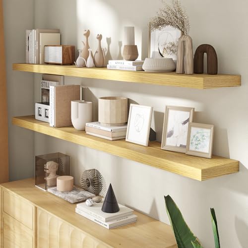 72 Inch Floating Shelves for Wall, 8 Inch Deep Floating Shelf for Storage & Display, Rustic Wall Mounted Shelf with Invisible Brackets for Living Room, Kitchen, Bathroom, Home Decor, Set of 2, Oak - color: Oak, size: 72 Inch, Set of 2