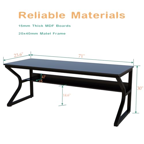 OSCHF Extra Long Desk with Bookshelf - 71" Double Long Writing Table for 2-Person Workstation, Modern Study Work Computer Desk for Home and Office, Black - color: Black, size: 71x23.6 inch