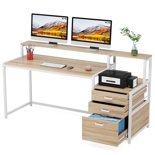 Tribesigns 63 Inch Computer Desk with File Drawer Cabinet, Ergonomic Office Desk with Monitor Stand, Industrial Computer Table with Printer Space, Wood PC Table Workstation Desk for Home Office - color: Walnut